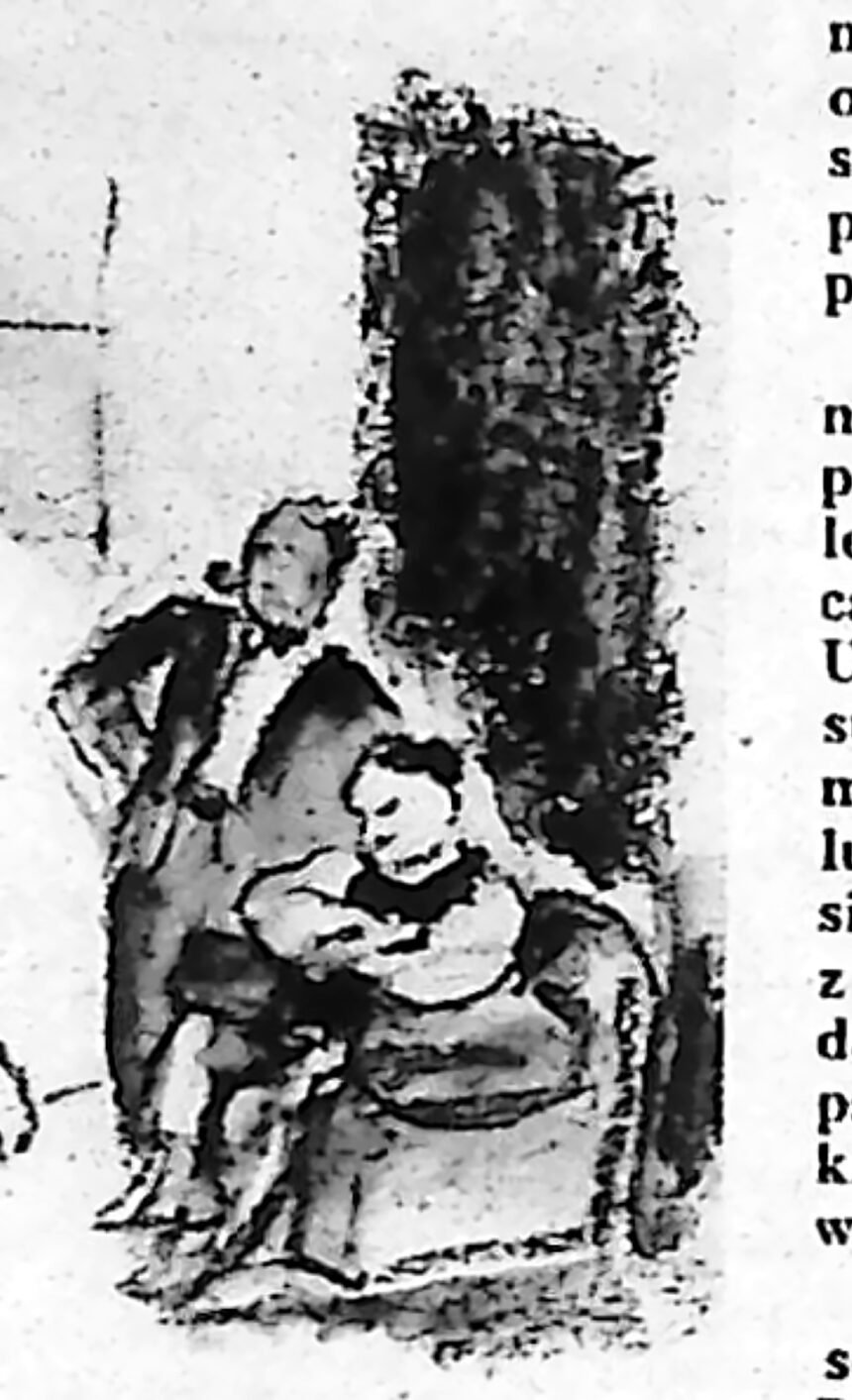 Rysunek: mężczyzna w fotelu pod ostrym światłem lampy, obok niego dwie stojące postacie.