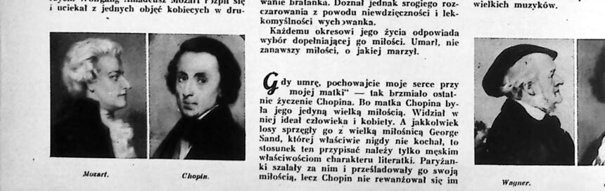 Zestaw dawnych portretów kompozytorów: Mozarta, Chopina, Beethovena i Schumanna.