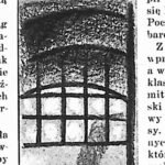 Rysunek: okno wagonu kolejowego, za nim zarys postaci i nocny krajobraz.