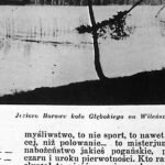 Brzeg leśnego jeziora z pochylonymi drzewami, zdjęcie krajobrazowe z 1935 roku.