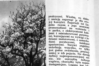 Górzysty brzeg jeziora Lugano z drzewami na pierwszym planie, zdjęcie z 1935 roku.