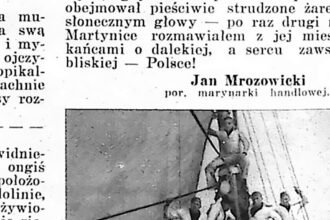 Marynarze na masztach żaglowca obserwujący zbliżającą się wyspę