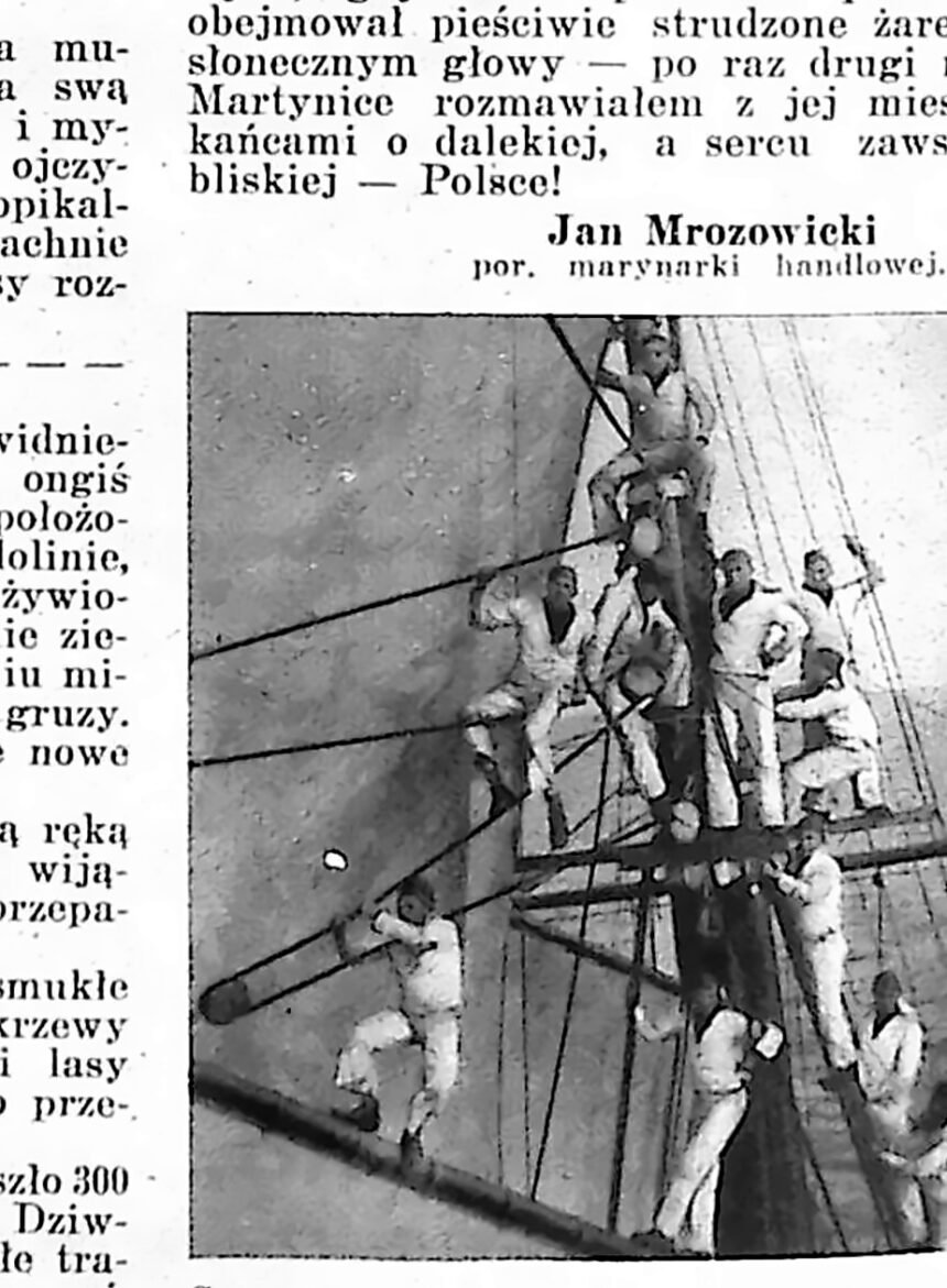 Marynarze na masztach żaglowca obserwujący zbliżającą się wyspę