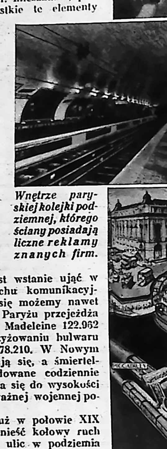 Peron paryskiego metra z reklamami na ścianach, lata 30.