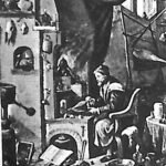Reprodukcja obrazu: wnętrze pracowni alchemika z piecem, naczyniami i postacią pochyloną nad księgą.