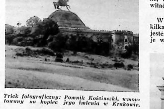 Fotomontaż: konny pomnik ustawiony na szczycie kopca, widok od strony pól.
