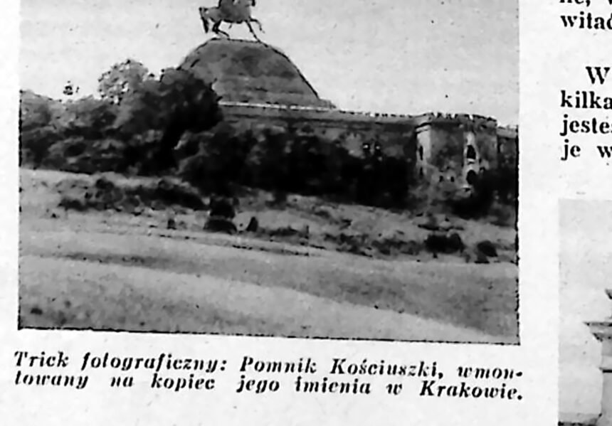Fotomontaż: konny pomnik ustawiony na szczycie kopca, widok od strony pól.