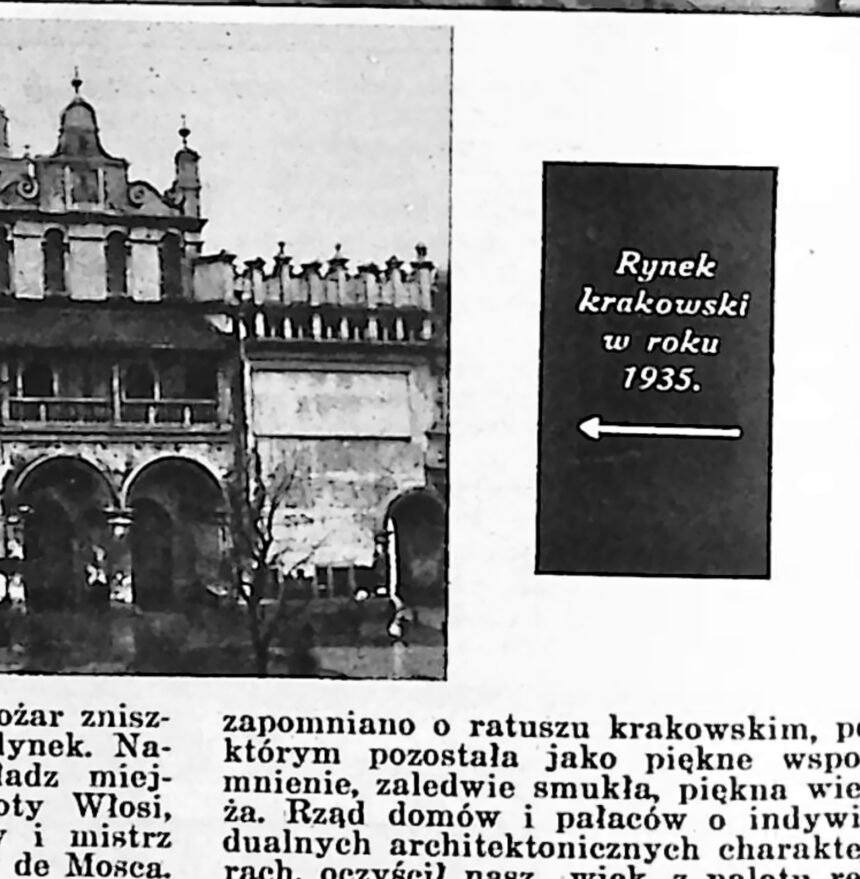 Widok Rynku Głównego w Krakowie z bryłą Sukiennic i wieżą kościoła Mariackiego.