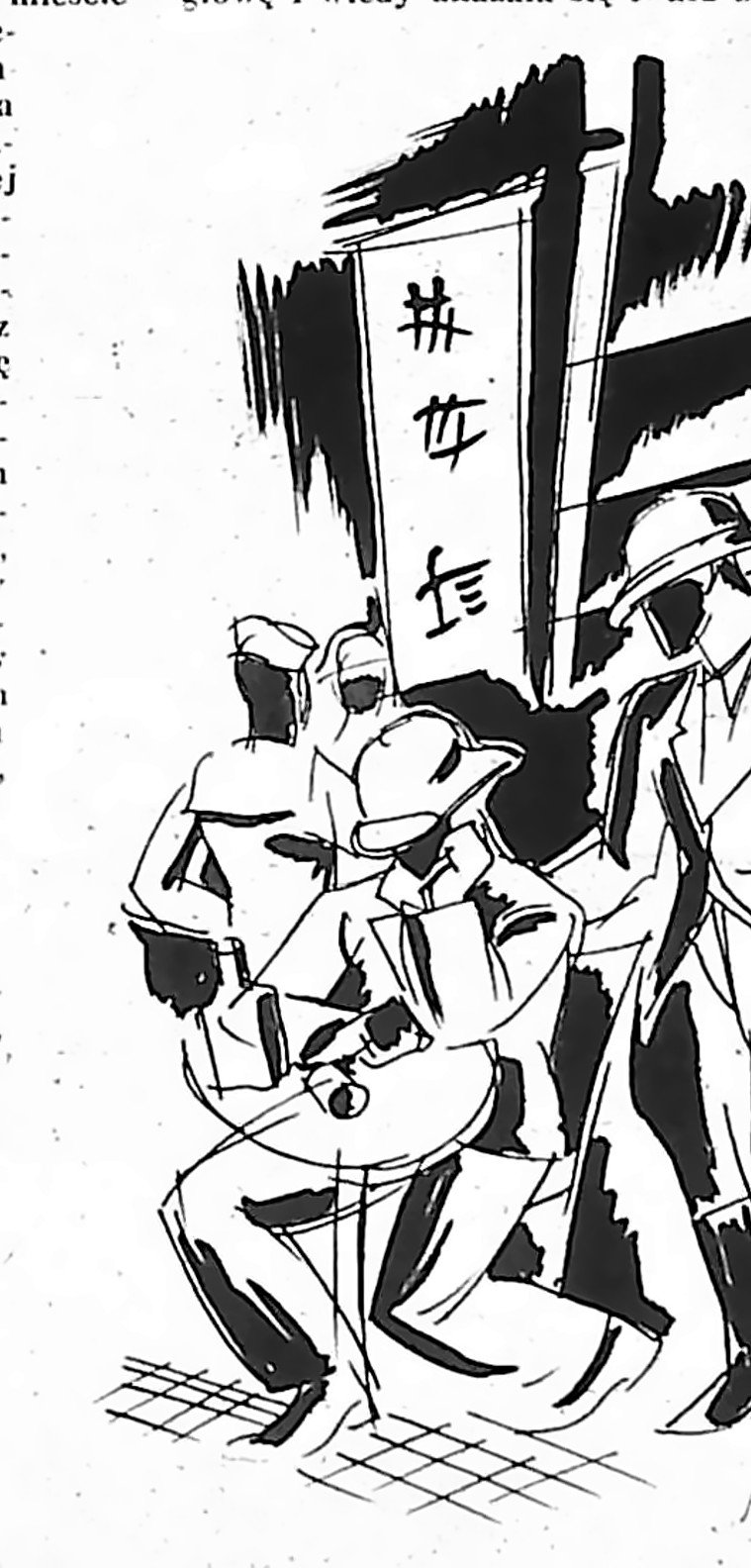 Rysunkowa ilustracja do noweli: ciasna chińska herbaciarnia w Szanghaju