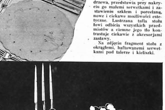 Nakryty stół z ciemnego drewna, na nim okrągłe haftowane serwetki, szkło i sztućce.