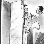 Ilustracja do noweli: dwaj mężczyźni w pokoju, jeden ukryty za parawanem