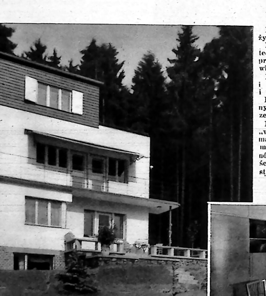 Modernistyczna biała willa z tarasem, stojąca wśród świerkowego lasu.
