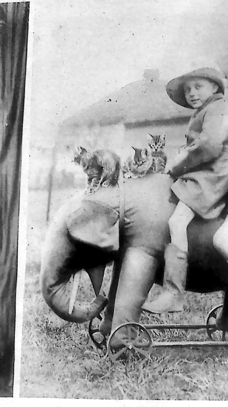 Dwaj chłopcy siedzący na zabawkowym słoniu na kółkach, z kotami na grzbiecie zwierzęcia. Fotografia z 1926 r.