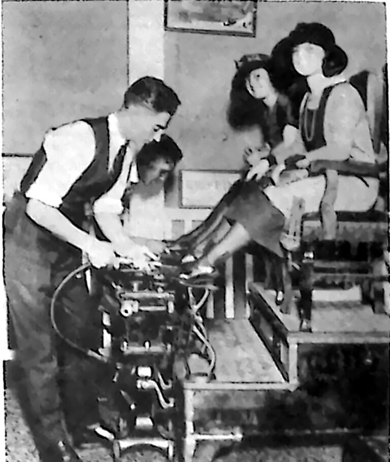 Pucybut obsługujący elektryczną maszynę do czyszczenia butów, na której siedzą dwie kobiety w kapeluszach, Nowy Jork. Fotografia z 1926 r.