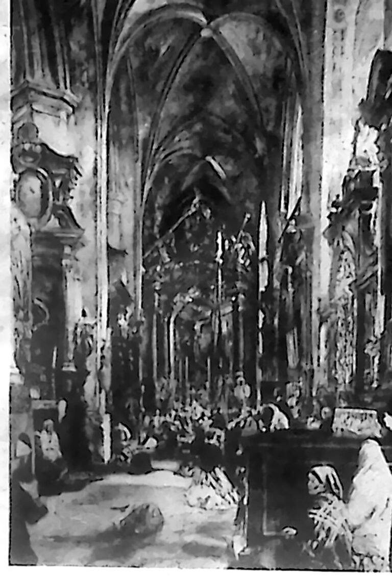 Akwarela Rudolfa Alta: wnętrze bocznej nawy kościoła Mariackiego w Krakowie z ołtarzem i klęczącymi postaciami. Fotografia z 1926 r.