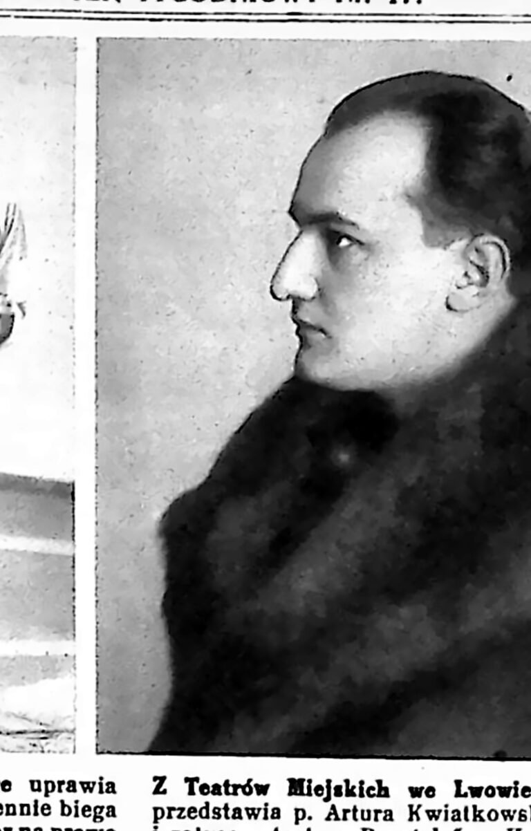 Portret profilowy aktora Artura Kwiatkowskiego w ciemnym ubraniu. Fotografia z 1926 r.