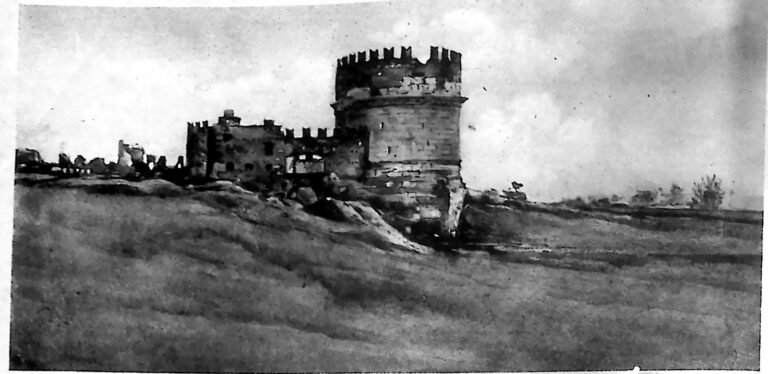 Akwarela Józefa Chełmońskiego: okrągły grobowiec Cecylii Metelli przy Via Appia na tle pustego pejzażu. Fotografia z 1926 r.