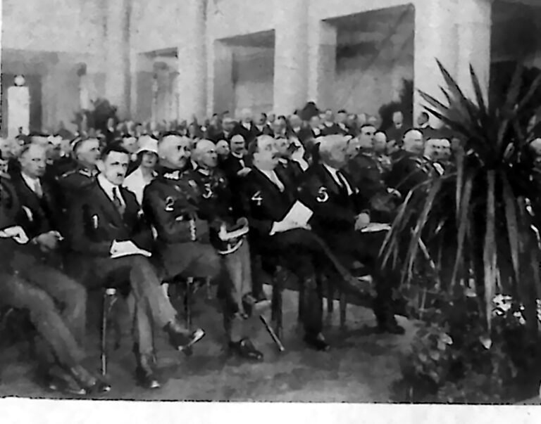 Rzędy gości na krzesłach podczas uroczystego otwarcia Targu Poznańskiego, obok palmy w donicach. Fotografia z 1926 r.