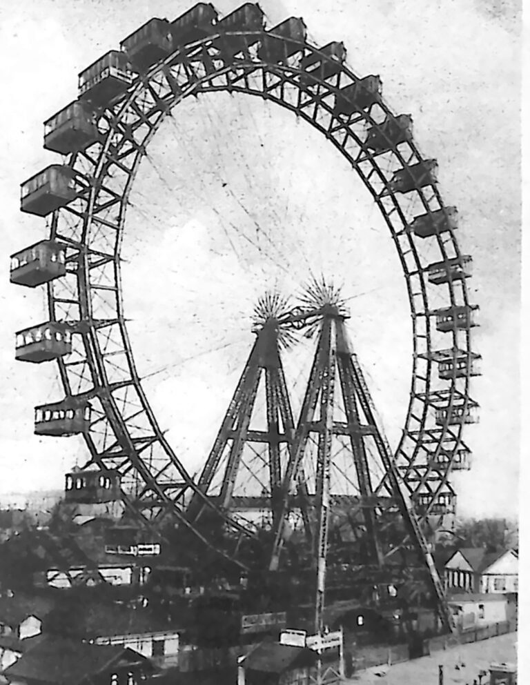 Stalowa konstrukcja diabelskiego młyna Riesenrad na wiedeńskim Praterze. Fotografia z 1926 r.