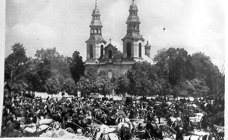 Plac jarmarczny zastawiony setkami chłopskich wozów, w tle dwuwieżowy kościół i drzewa. Fotografia z 1926 r.